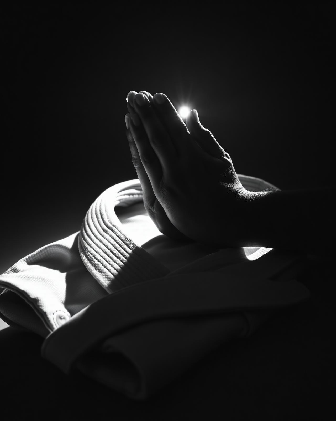Hands in prayer over folded gi